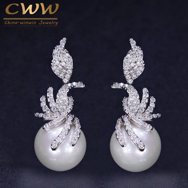 CWWZircons Gorgeous Micro Pave Cubic Zirconia Stones Silver Color Women Dangling Drop Pearl Earrings Fashion Jewelry CZ061