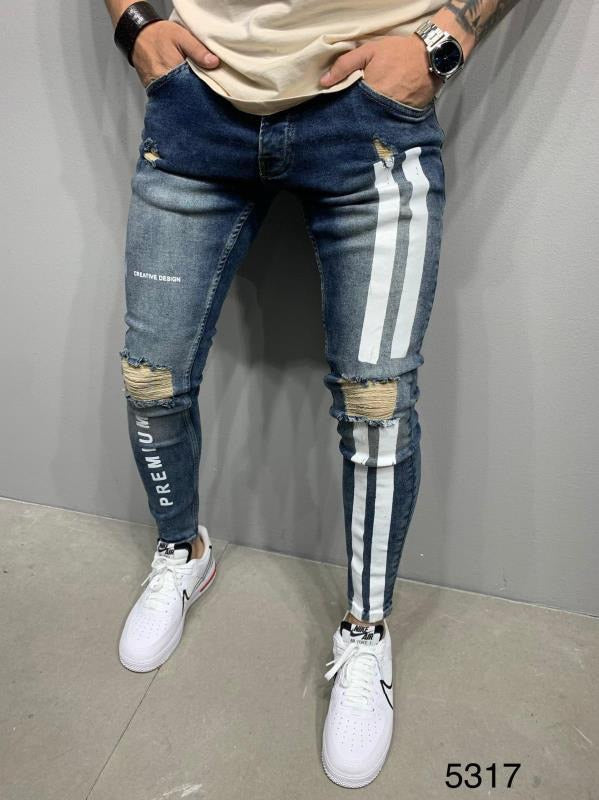 Letter printing Ripped Pencil Jeans Men Skinny Biker Side Striped Jeans Destroyed Hole Hip Hop Slim Fit Jean Men's Pant