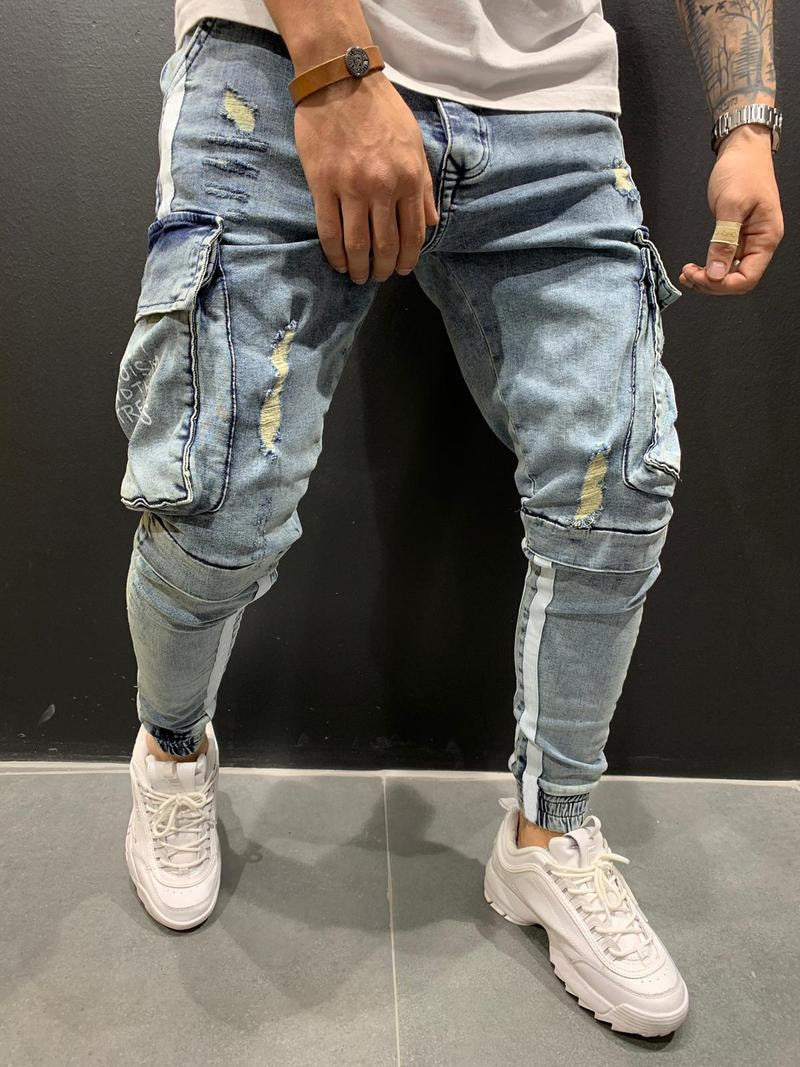 Skinny ripped jeans men Pants Pencil Biker Side Striped Jeans Destroyed Hole Hip Hop Slim Fit Man Scratched Jean Hombre Pantalon