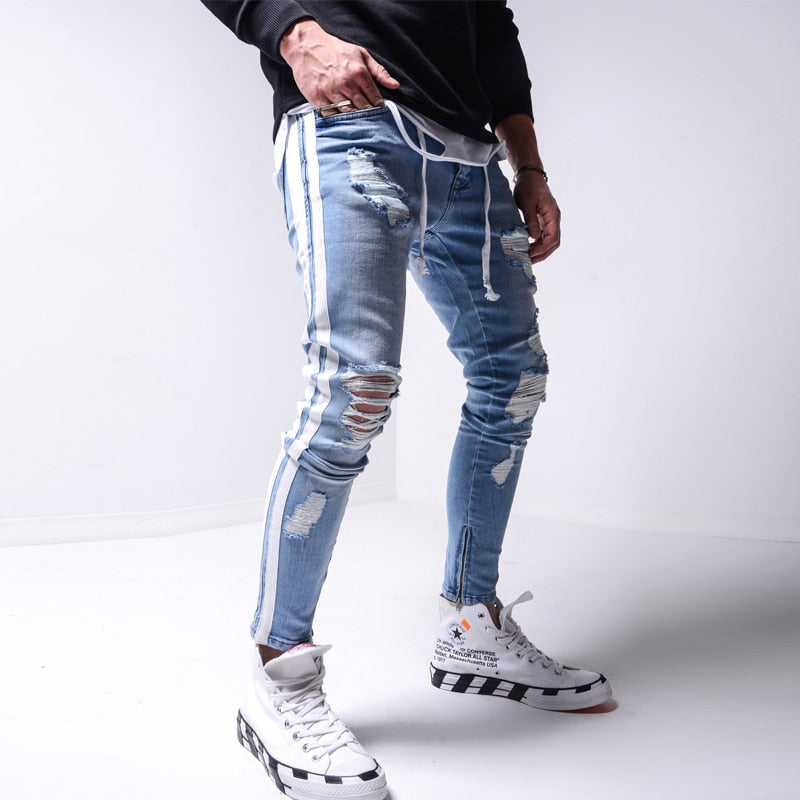 Skinny ripped jeans men Pants Pencil Biker Side Striped Jeans Destroyed Hole Hip Hop Slim Fit Man Scratched Jean Hombre Pantalon