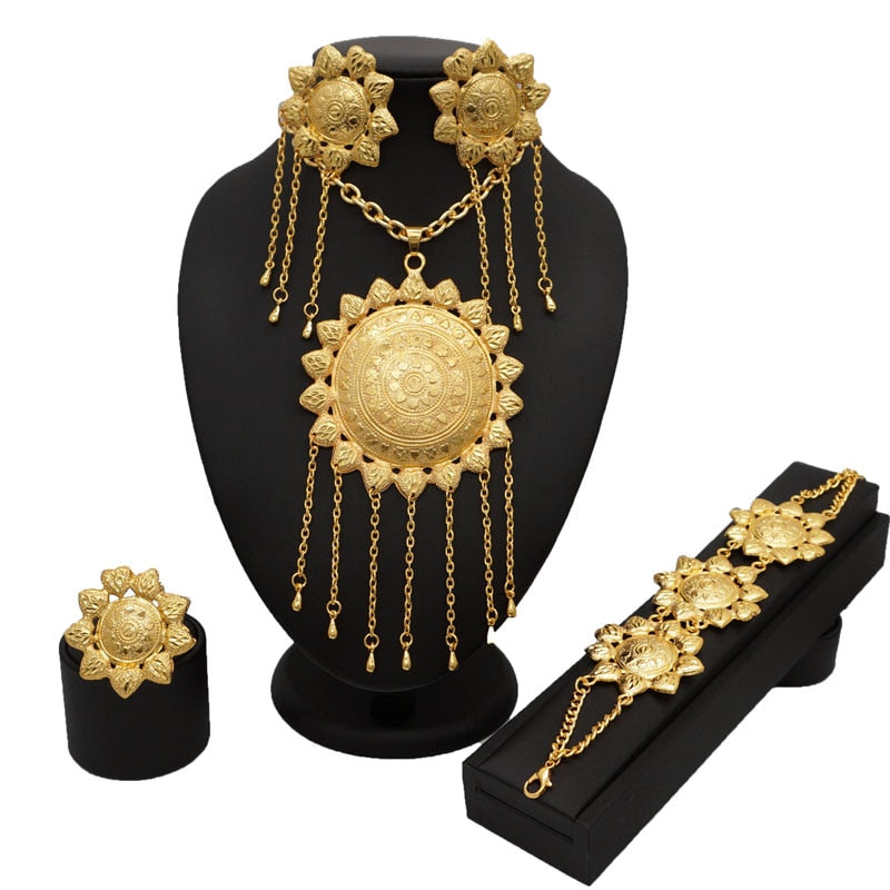 Fashion Gold Color Jewelry Sets African Bridal Big Jewelry sets Women Necklace Bracelet Earings Ring Wedding Gifts