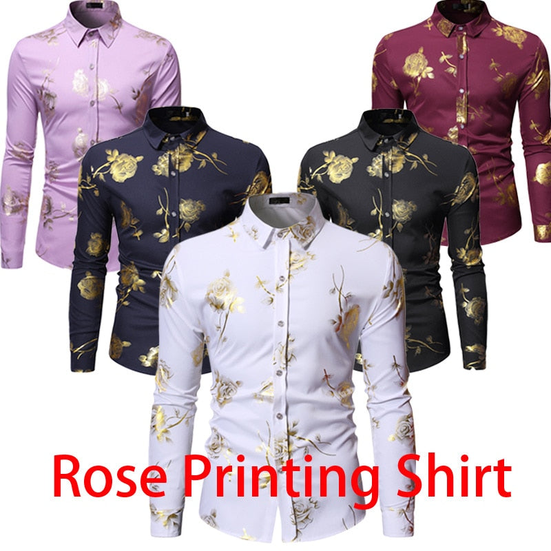 Mens Gold Rose Floral Print Shirts 2019 Brand Floral Steampunk Chemise White Long Sleeve Wedding Party Bronzing Camisa Masculina