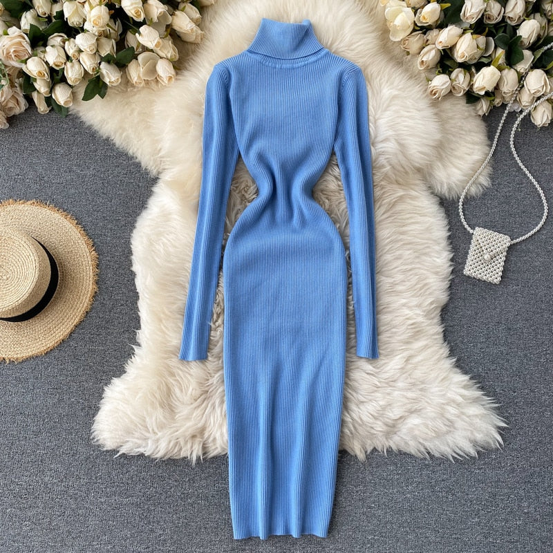 Dresses for Women 2022 Sexy Turtleneck Knitted Bodycon Dress Women Autumn Winter Long Sleeve Sweater Dress