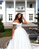 MYYBLE 2021 Pure White Elegant Satin A-Line Wedding Dress With Folden V-Neckline Off The Shoulder Lace Up Wedding Gown