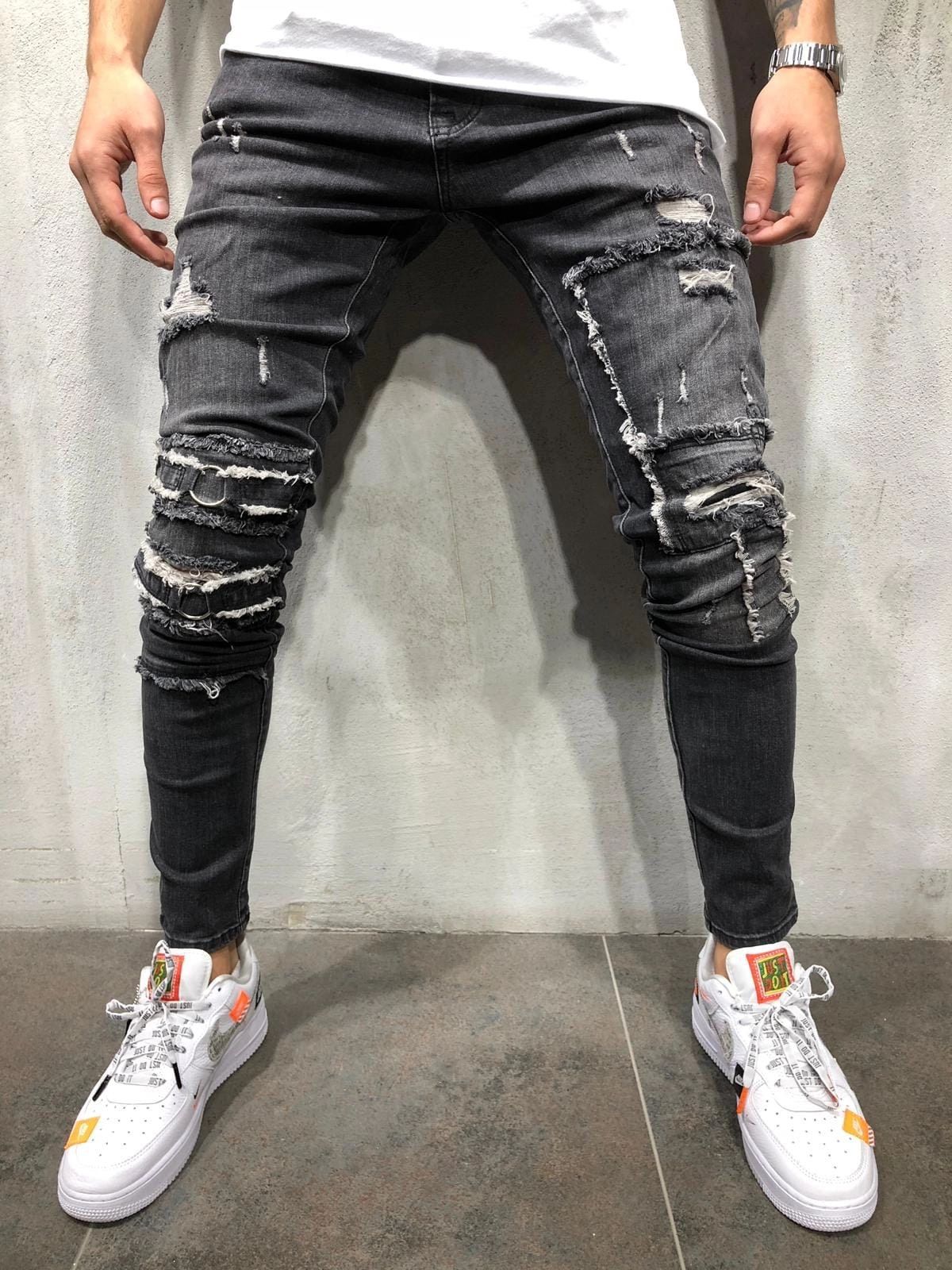 Skinny ripped jeans men Pants Pencil Biker Side Striped Jeans Destroyed Hole Hip Hop Slim Fit Man Scratched Jean Hombre Pantalon