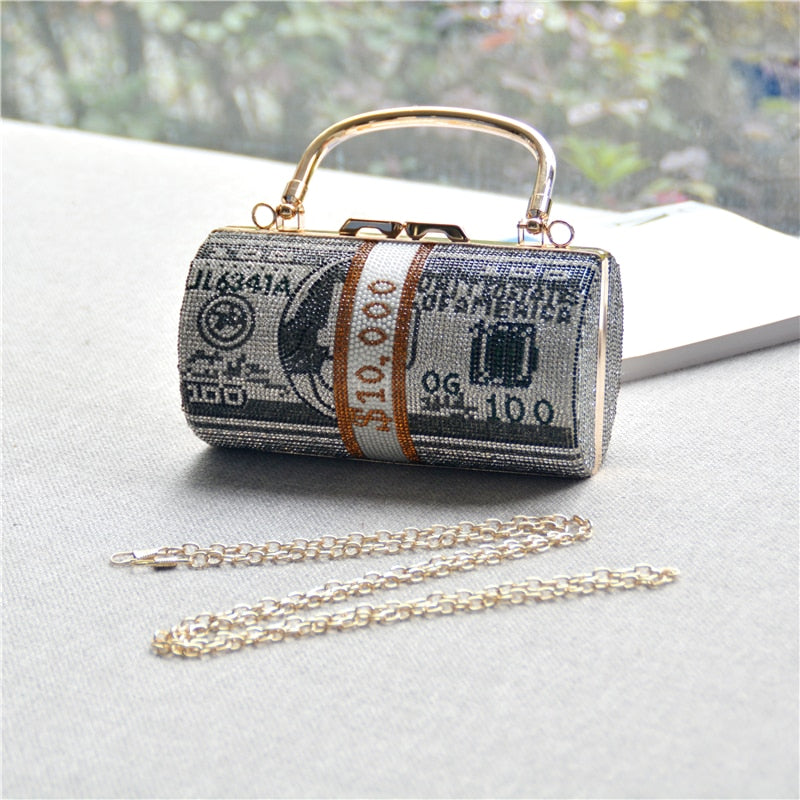 Money Clutch Rhinestone Purse 10000 Dollars Stack of Cash Evening Handbags Shoulder Wedding Dinner Bag 8 Color