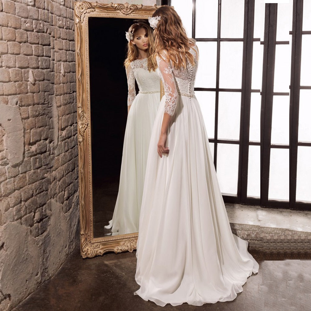 2020 Wedding Dresses Three Quarter Sleeves Top Lace Chiffon Wedding Gowns with Beading Sashes Vestido De Noiva