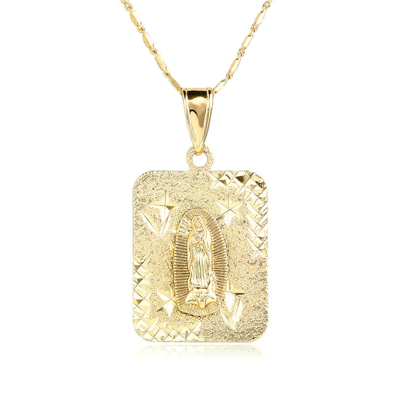 CWEEL Virgin Mary Necklace Gold Color Bijoux Imitation Crystal Statement Necklace Women Fashion Pendant Catholic Jewelry