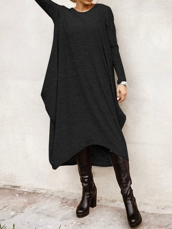 Oshoplive New Autumn 2021 Hot Sale Casual Irregular Vintage Dress Women Simple Solid Color Round-Neck Long Sleeves Midi Dress