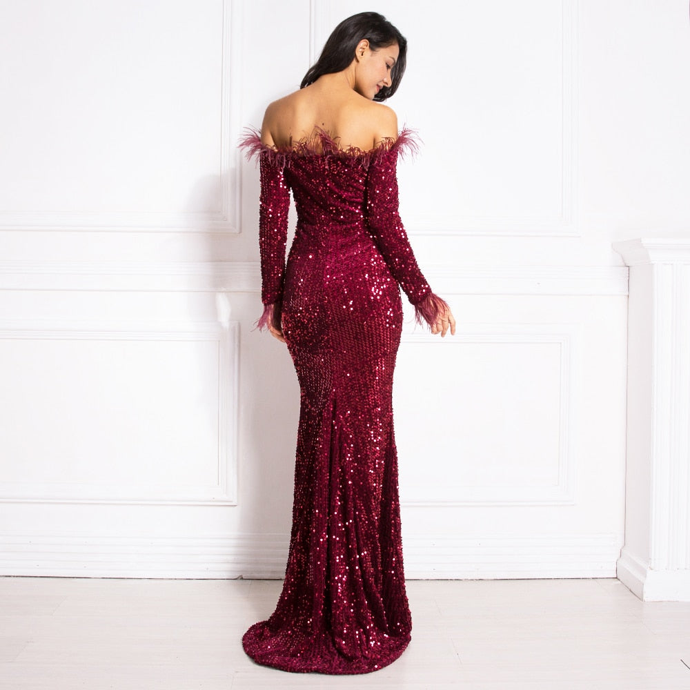 Burgundy Shiny Sequin Feather Velvet Party Dress Long Sleeve Bodycon Stretchy Slash Neck Floor Length Mermaid Dress Black Green