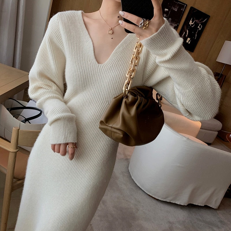 Elegant Long White Knitting Dress Women Winter V-Neck Long Sleeve Bodycon Dress Korean Office Lady High Waist Vintage Dress 2021