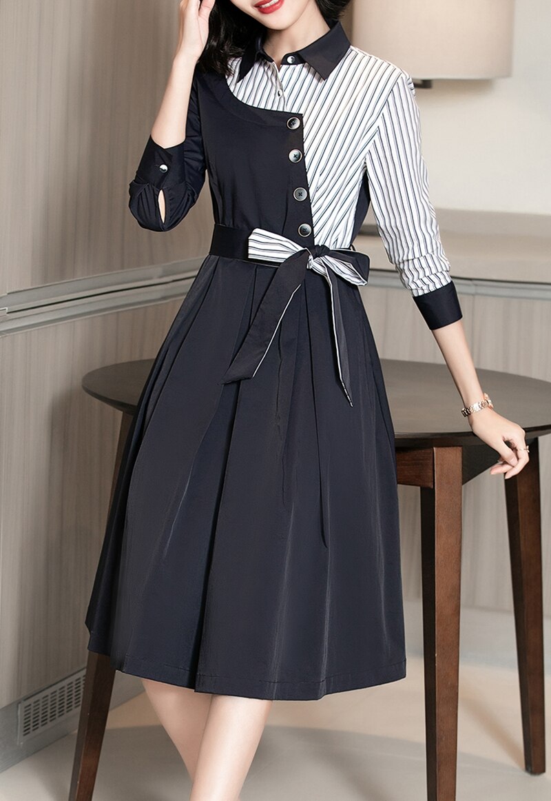 Office ladies OL work striped shirt dress women spring autumn long sleeve button tunic dress female irregular midi dress belt