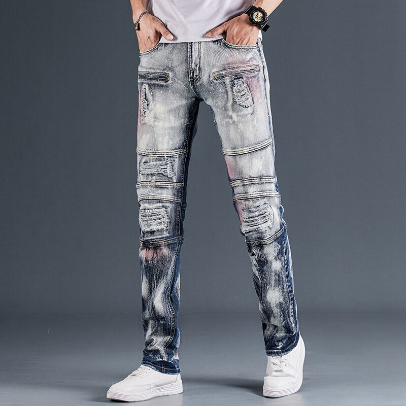 Men'S Pants Jeans Streetwear Tactical Slim Denim Trousers Biker High Quality Male Straight Casual Designer Ripped Comfortable