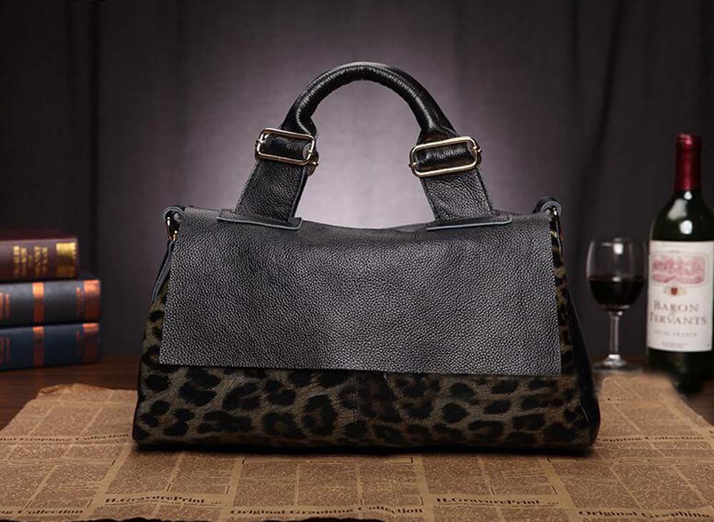 Fashion Genuine Leather Big Tote Handbags Leopard Pattern Soft Cowhide Travel Tote Ladies Long Strap Shoulder Weekend Bags