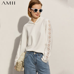 Amii Minimalism Spring New Fashion women hoodies Causal Hooded Hollow Out Loose Streetwear Female Pullover Tops 12170036