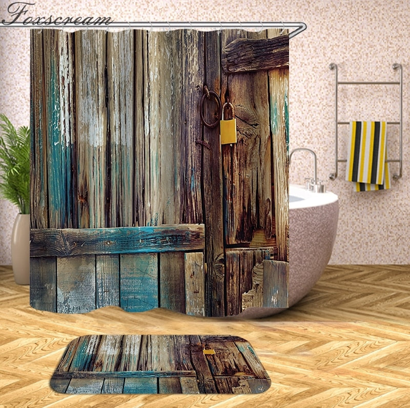 wooden 3D Shower Curtains Waterproof fabric shower curtains with hooks bathroom curtain funny bath curtain or mat