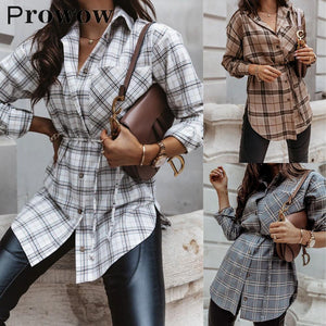 Prowow Women Long Plaid Blouse Spring Autumn Casual Long Sleeve Female Shirts Single Breasted Turndown Collar Plus Size Tops