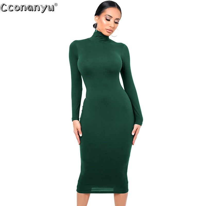 Winter Black Turtleneck Sexy Women Dress Autumn Long Sleeve Skinny Midi Boydcon Casual Blue Plush Knee-Length Party Club