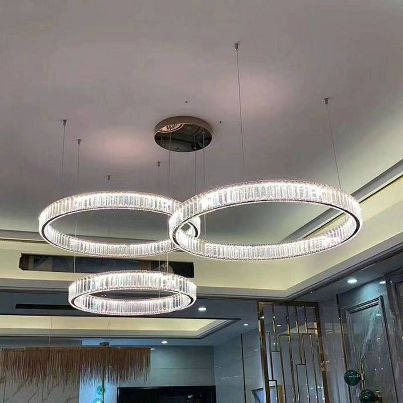 Modern Chrome Gold Steel Led Chandelier Villa Stairs Dimmable Circle Chandelier Lighting Foyer Hanging Chandelier Lamp Fixtures