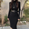 H Han Queen Knitted Bodycon Dress Bottoming Women Soft Elastic Turtleneck Sweater Autumn Winter Midi Party Dresses With Belt