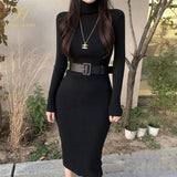 H Han Queen Knitted Bodycon Dress Bottoming Women Soft Elastic Turtleneck Sweater Autumn Winter Midi Party Dresses With Belt