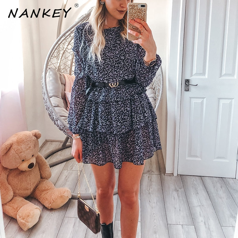 NANKEY Women Floral Print Dress Elegant Lantern Sleeve Casual Ruffles Dress Office Lady Purple Black Dress Mini Party Vestidos