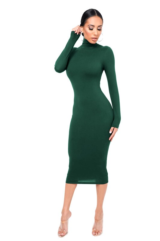 Winter Black Turtleneck Sexy Women Dress Autumn Long Sleeve Skinny Midi Boydcon Casual Blue Plush Knee-Length Party Club