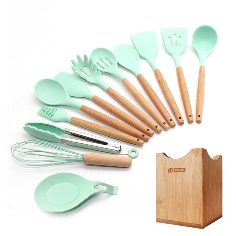 Silicone Cooking Utensils 11/12/13Pcs Kitchen Utensil Set Non-stick Spatula Wooden Handle with Storage Box Kitchen Appliances