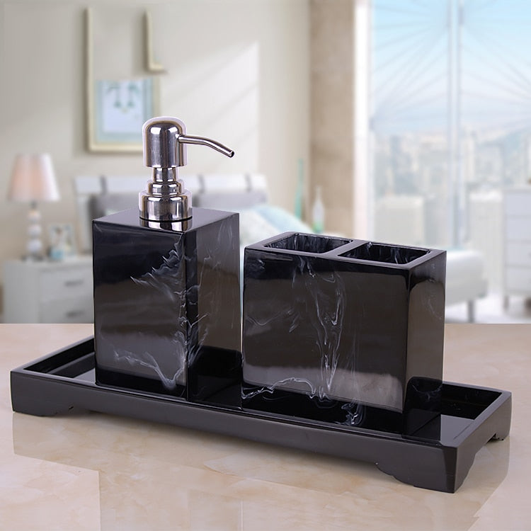 Black Marble Pattern Tray Resin Bathroom Set Toothbrush Holder Soap Dispenser Soap Dish Men's Bathroom Accessories Set Home Deco