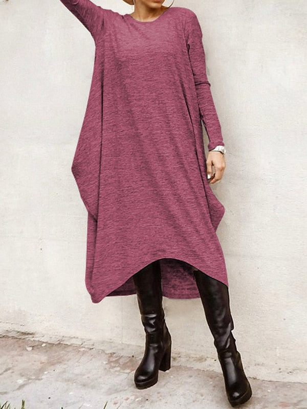 Oshoplive New Autumn 2021 Hot Sale Casual Irregular Vintage Dress Women Simple Solid Color Round-Neck Long Sleeves Midi Dress