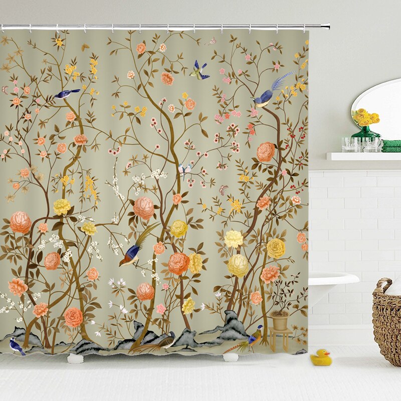 Chinese Style Flower Birds Shower Curtains Waterproof Bathroom Curtain Polyester Fabric Home Bathtub Decor Wal Hanging Curtain