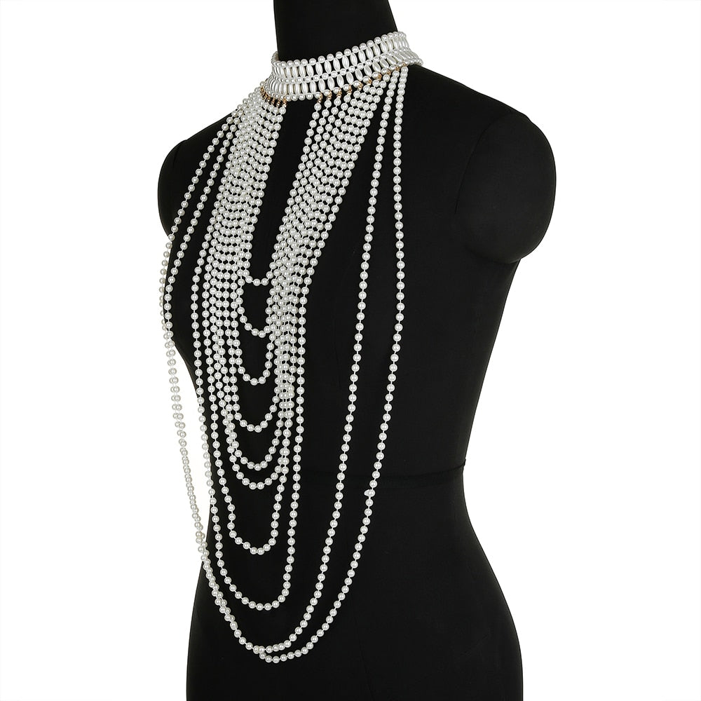 Women Pearl Shawl Necklaces Body Chain Sexy Beaded Collar Shoulder Pearl Bra Top Sweater Chain Wedding Dress Body Jewelry