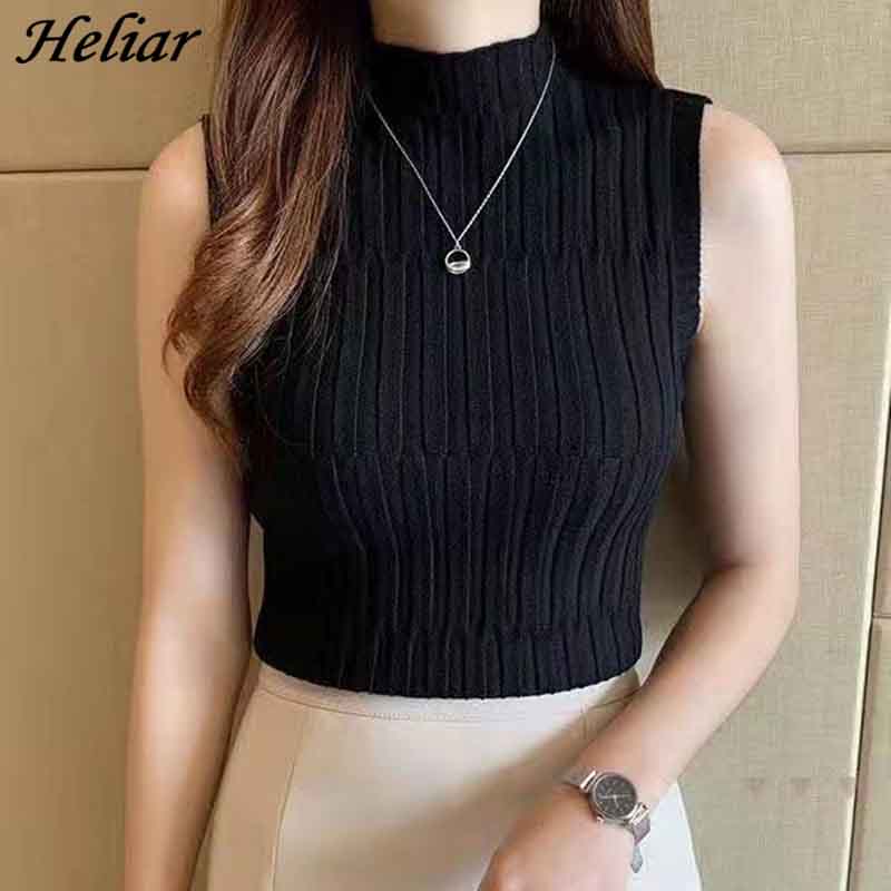 HELIAR Women Plain Knitted Tank Tops Female Solid Sleeveless O-Neck T-shirt Women Casual Crop Tank Tops For Women Summer