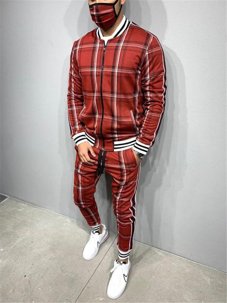 2021 New gyms Men's Sets 2 Pieces Sets Tracksuit Men's Jackets+Pants suit Sportwear Gentlemen Plaid Mens Sports Suit men Clothes