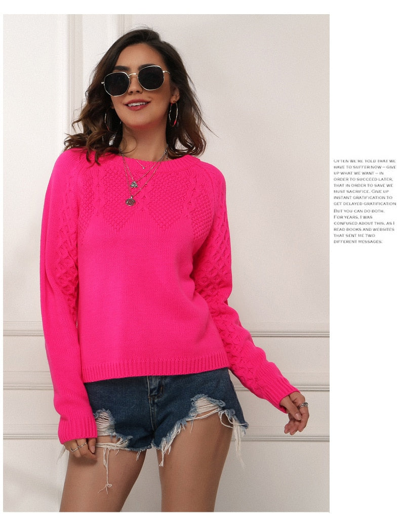 Women's Neon Sweaters Fluorescence Fuchsia Turtleneck Long Sleeve Pullovers Casual Loose O Neck Knitted Shirts Female Jumper