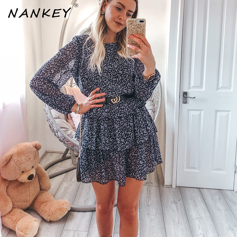 NANKEY Women Floral Print Dress Elegant Lantern Sleeve Casual Ruffles Dress Office Lady Purple Black Dress Mini Party Vestidos