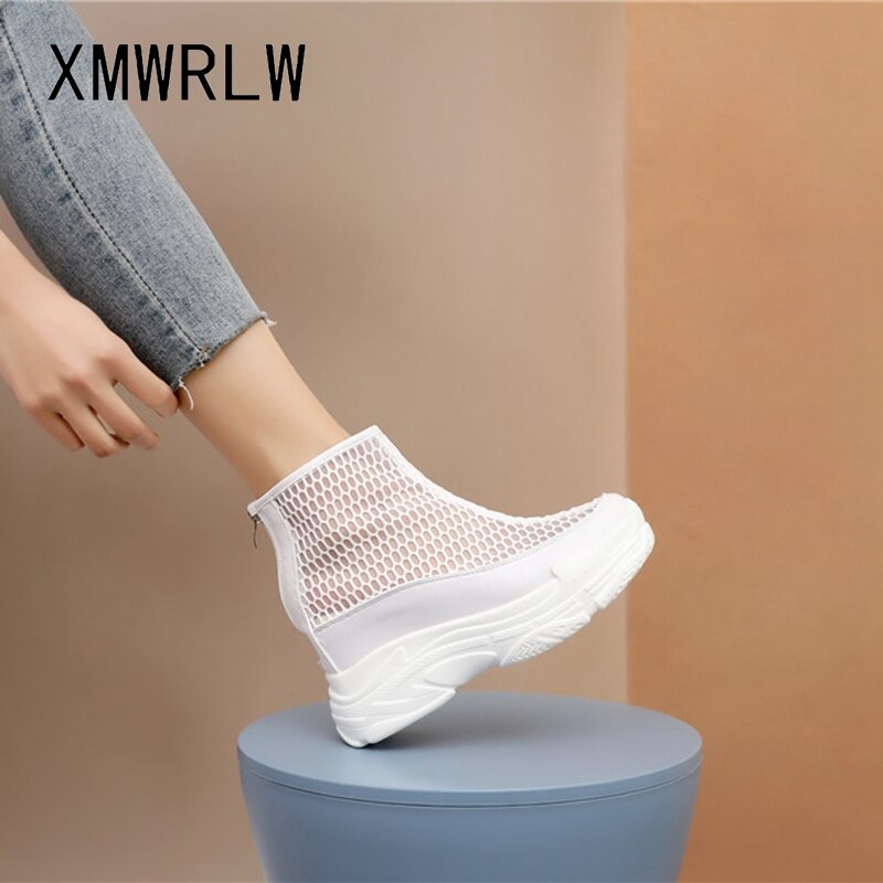 XMWRLW Women's Summer Boots Breathable Mesh High Heels Shoes For Women 2020 Summer Rubber Sole Women Ankle Boot Wedge Shoes