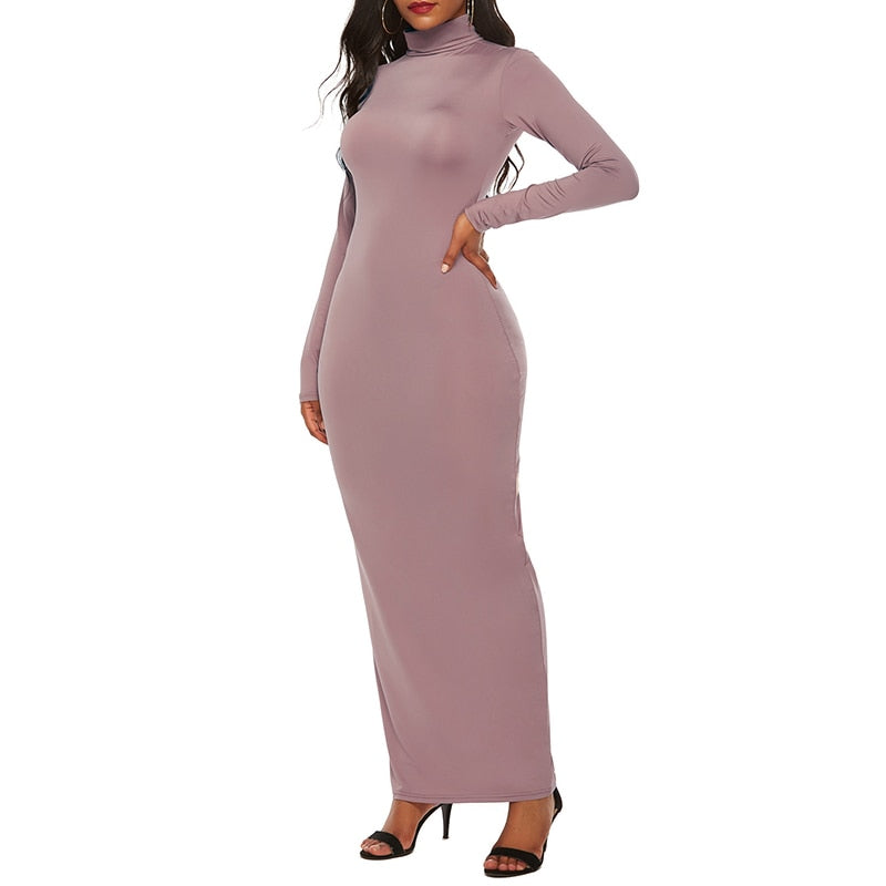 Turtleneck Long Dress Autumn Winter Muslim Elegant Office Lady Skinny Long Sleeve Bodycon Casual Dress Women Midi Clubwear