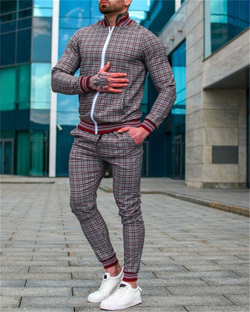 2022 Man Tracksuits Men's Sets 3D Print Sets Men Grid Two-piece Patchwork Zipper Tracksuits Small Leg Trouser Sweat Suits Sets