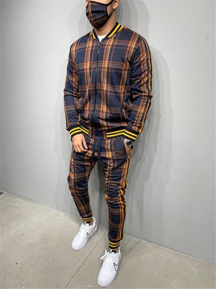 2021 New gyms Men's Sets 2 Pieces Sets Tracksuit Men's Jackets+Pants suit Sportwear Gentlemen Plaid Mens Sports Suit men Clothes