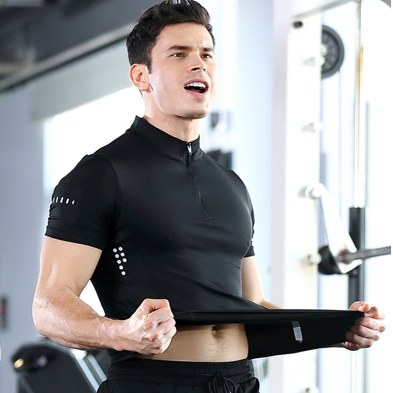 2020 New Training T Shirt Mens Compression Tshirt Cycling Jersey Men Short Sleeve T Shirts Men Gym Clothing Zipper Stand Neck