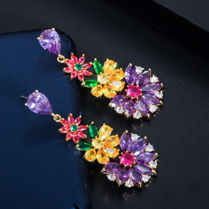 CWWZircons Unique Multicolored Cubic Zirconia Cluster Flower Dangle Drop Earrings for Women Wedding Party Dress Jewelry CZ430