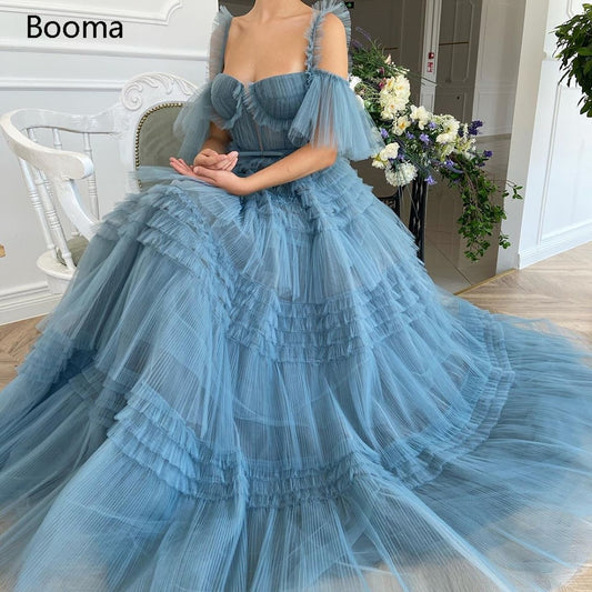 Booma Blue Long Prom Dresses Sweetheart Crumpled Tulle Ruffles Evening Dresses Off Shoulder Tiered A-Line Party Dresses Bow Belt