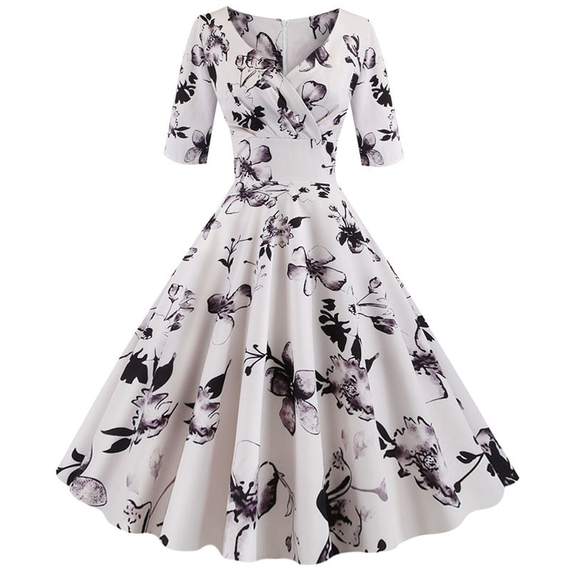 Women flower print Autumn dress Casual Winter half sleeve Elegant Vintage dress Robe femme plus size pinup office party vestidos