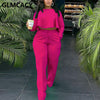 Women Two Piece Casual Suits Long Sleeve Dip Hem Crop Top Shirt & Loose Pants Set