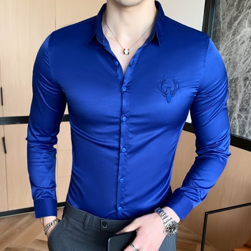 Solid Simple Mens Casual Shirt Slim Fit Business Formal Wear Deer Head Embroidery Shirt Men Brand New 2020 Long Sleeve Men Shirt