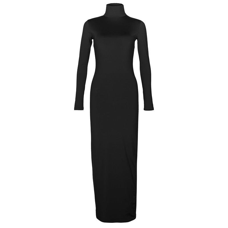 Turtleneck Long Dress Autumn Winter Muslim Elegant Office Lady Skinny Long Sleeve Bodycon Casual Dress Women Midi Clubwear