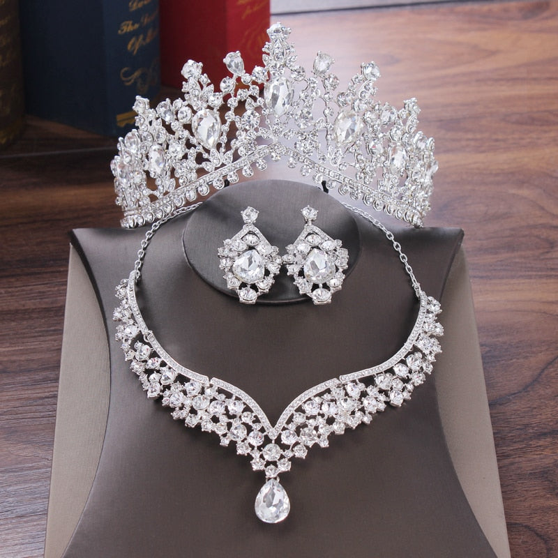 Baroque Crystal Water Drop Bridal Jewelry Sets Rhinestone Tiaras Crown Necklace Earrings for Bride Wedding Dubai Jewelry Set