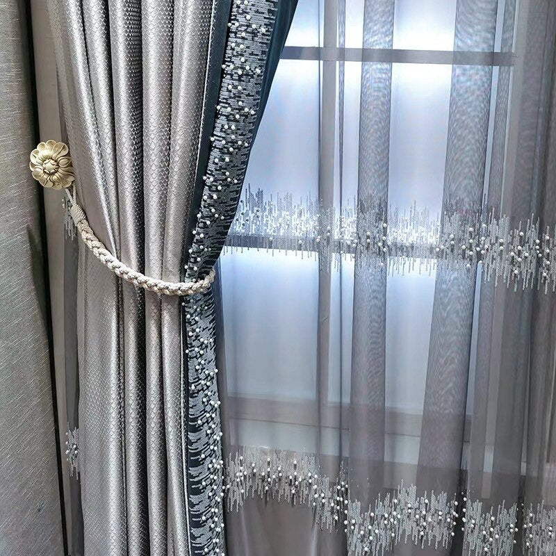 French Luxury Embroidery Sequins Tulle Curtains for Living Room Pearls sequins Curtains Yarn for Bedroom Customized X-M232#CR