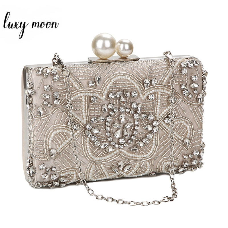 Apricot Silver Crystal Clutch Bags Handmade Beaded Pearl Wedding Clutch Purse Luxury Handbags Women Shoulder Bags ZD1361